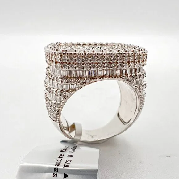 925 Sterling Sliver Moissanite 1inch Square Ring, 6.106ctw VVS Stones with Bague